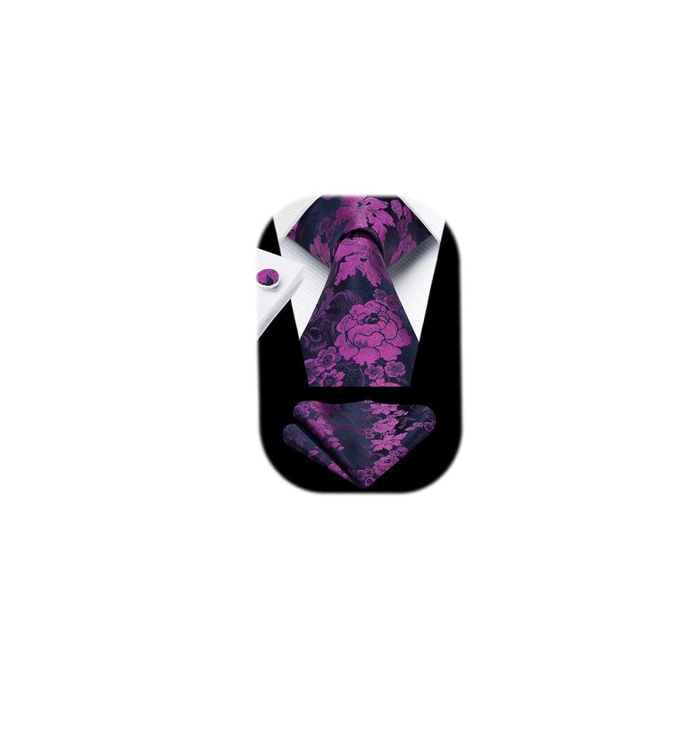5282 Ties Purple Tie and Pocket Square Cufflinks Set Fuchsia Floral Flower
